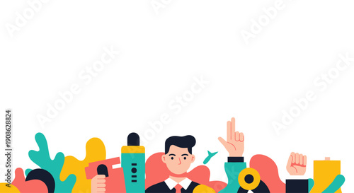 Diverse Hands and Person Holding Megaphone with Abstract Shapes - Flat Illustration