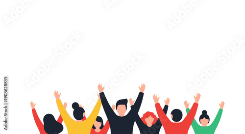 Diverse group of people celebrating with raised hands, flat illustration with copy space