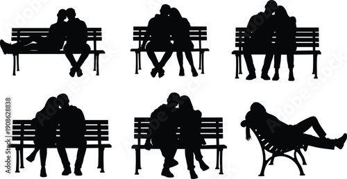 Set of romantic couple silhouettes sitting on a park bench, showing love and affection through hugging and leaning, isolated vector illustrations for relationship and dating concepts.