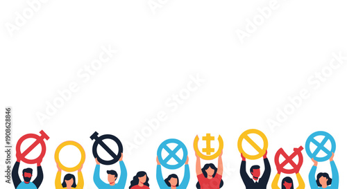 Diverse people holding gender and prohibition signs, copy space