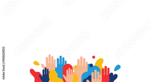 Diverse Hands Raised Up - Community, Teamwork, Celebration, Voting, Flat Illustration