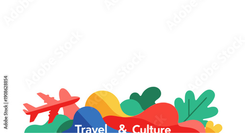 Flat illustration of airplane and colorful abstract shapes, travel and culture concept, copy space