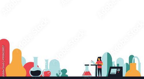 Scientist working in laboratory with flasks and equipment, flat illustration with copy space