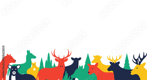 Colorful Deer Herd Illustration with Copy Space