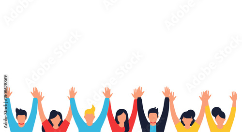 Diverse group of people with raised hands celebrating, flat illustration, copy space