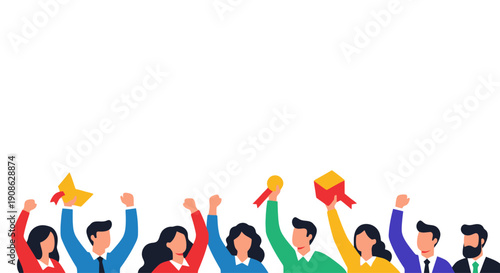 Diverse group celebrating success with hands raised, trophies and awards