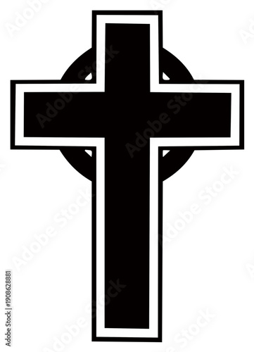 Stylized Black Celtic Cross Silhouette with White Outline on White Background