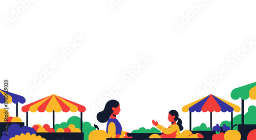 Diverse people shopping at outdoor market stalls, flat illustration with copy space