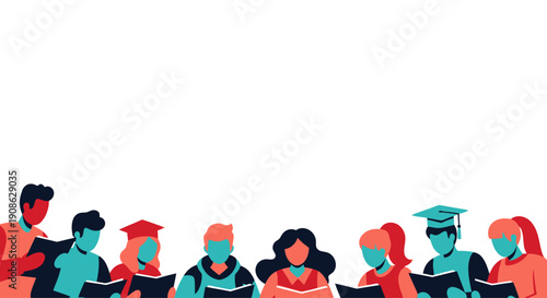 Diverse students reading books with graduation caps, flat illustration