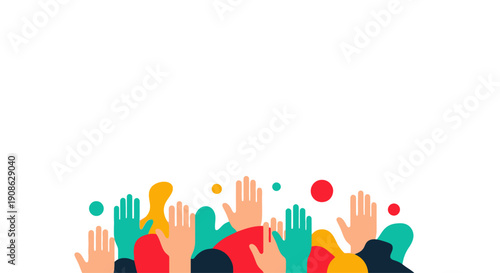 Diverse Hands Raised Up, Voting, Participation, Idea, Flat Illustration, Copy Space
