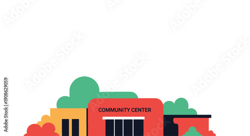 Modern Community Center Building Facade with Greenery and Copy Space