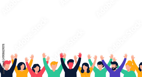 Diverse Group of People Celebrating with Raised Hands - Flat Illustration with Copy Space