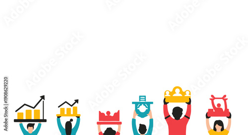 Diverse group holding up symbols of success, growth, and leadership