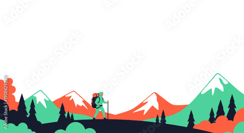 Hiker with Backpack and Poles on Mountain Ridge, Flat Illustration with Copy Space