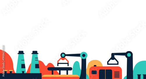 Modern Factory Illustration with Robotic Arms and Industrial Landscape