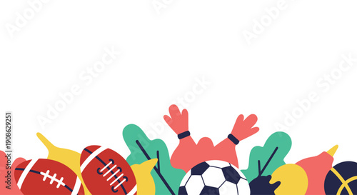 Sports Balls and Leaves Border - Flat Illustration with Copy Space