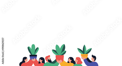Diverse Group of People Holding Potted Plants, Community Growth Concept