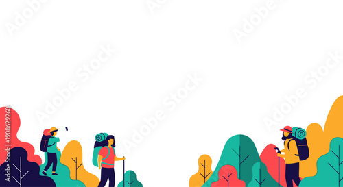 Hikers Exploring Nature with Backpacks and Trekking Poles - Flat Illustration