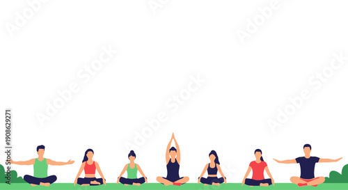 Diverse people meditating outdoors in a row, yoga flat illustration with copy space