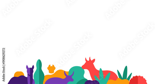 Vibrant Wildlife Border with Animals and Plants - Flat Illustration, Copy Space