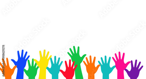 Diverse Hands Raised in Colorful Unity