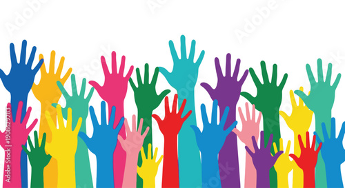 Colorful Raised Hands Crowd - Diversity, Unity, Volunteering, Voting, Success, Celebration