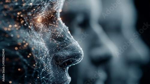 A futuristic digital illustration of a human face with a network of glowing lines and dots