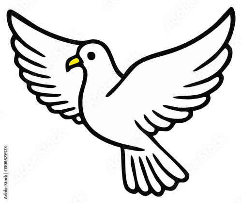 Stylized Peace Dove with Spread Wings Flying Design, Bird Symbol Sign Icon, Minimalist Cartoon