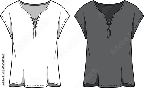 Women lace up neckline cap sleeve top vector illustration, front view casual loose fit blouse, modern minimalist female fashion apparel design