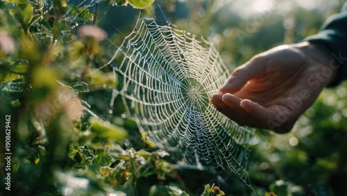 Dew-covered spider web in sunlight
