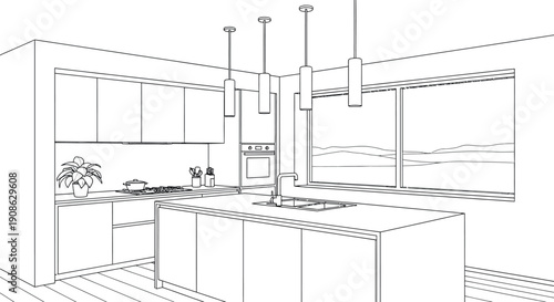 Modern kitchen interior design line art drawing showcasing sleek cabinets an island sink and overhead pendant lighting overlooking a serene landscape through a large window view