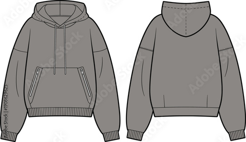 Unisex pullover hoodie vector illustration, front and back view hooded sweatshirt with kangaroo pockets, casual streetwear fashion apparel design