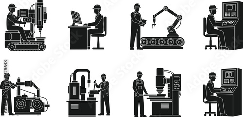 Industrial factory worker silhouettes set featuring technicians operating CNC machinery robotic 