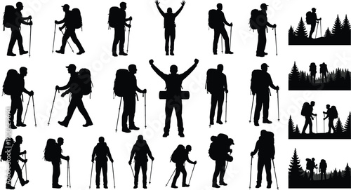 Hiking Silhouette Set, Adventurous Mountain Climbers with Backpacks and Trekking Poles, Walking through Pine Forest, Outdoor Travel Vector Illustration for Stock Design, Nature Exploration.