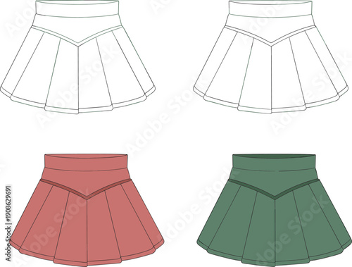 Womens high waisted pleated mini skirt vector illustration, flared short skirt with panel design, modern casual fashion apparel