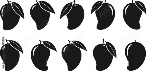 Mango fruit icons set featuring fresh organic tropical fruits with leaves silhouettes for healthy food branding juice packaging and agricultural product design vector illustrations