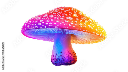 Colorful magic mushroom fly agaric with rainbow shades on transparent background