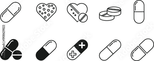 Medical medicine and pharmacy icons set featuring pill capsules tablets heart health supplement and healthcare pharmaceutical drug treatment vector illustration silhouettes for clinic branding