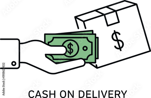 Simple line art illustration depicting a financial transaction where cash currency is exchanged for a delivered package symbolizing a convenient cash on delivery payment method concept