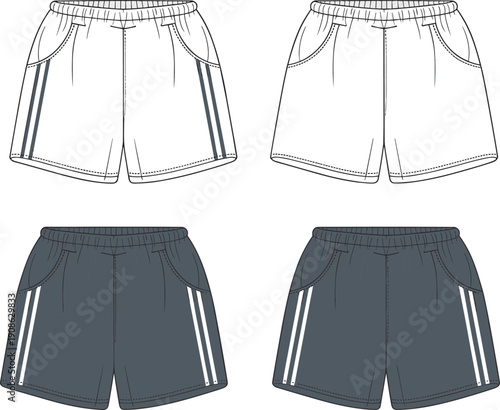 Womens sport shorts vector illustration, elastic waist casual shorts with side stripes, athletic summer activewear clothing design