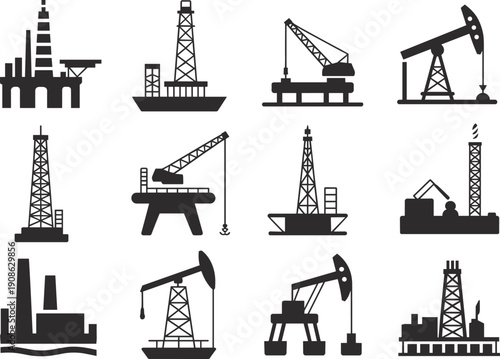 Industrial oil and gas extraction icons set featuring offshore drilling platforms pumping units refinery factory and energy production silhouettes for fuel industry