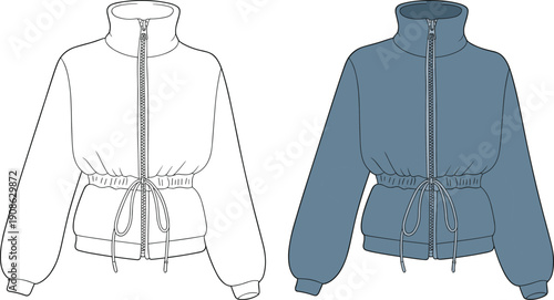 Womens zip up jacket vector illustration, elastic waist lightweight windbreaker with high collar, casual autumn outerwear fashion design