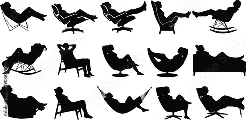 People relaxing in various chairs silhouettes set featuring comfortable furniture lounge seating rocking chair hammock and office recliner for home comfort and leisure vector illustrations
