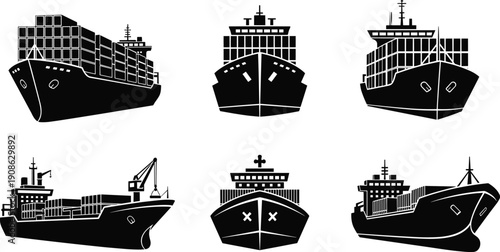 Cargo ship and container vessel silhouettes set featuring maritime freight transport logistics commercial shipping and global trade industry vector illustrations