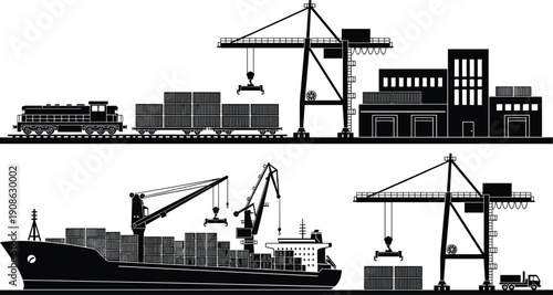 Logistics and industrial shipping vector set featuring cargo ship, freight train, port cranes, and warehouse buildings for global trade and transportation concept design.