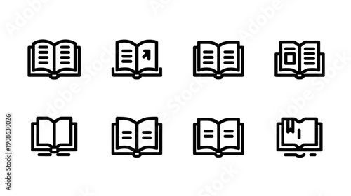 Collection of open book outline icons. Minimalist line art symbols for reading, education, knowledge, library, and learning apps.