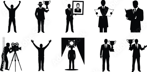 Successful Businessman Silhouette Set, Winner Holding Trophy with Film Camera and Professional Office Person, Corporate Achievement and Leadership Vector Illustration for Adobe Stock.