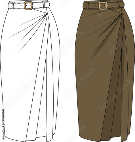 Belted wrap skirt vector illustration, womens midi draped skirt design, front view fashion apparel technical drawing, modern elegant clothing