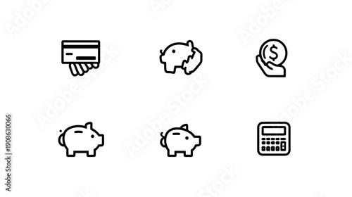 Financial Line Icons Set. Money saving, banking, payment, investment, budget, piggy bank, and calculator vector symbols.