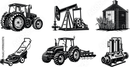 Heavy machinery and agriculture icons set including farm tractors, industrial oil pump, grain silo, lawn mower, and water irrigation pump vector illustrations,
